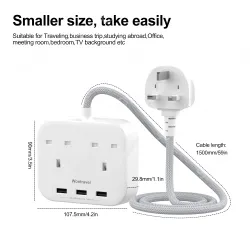 3 USB AC Outlets UK Power Strip