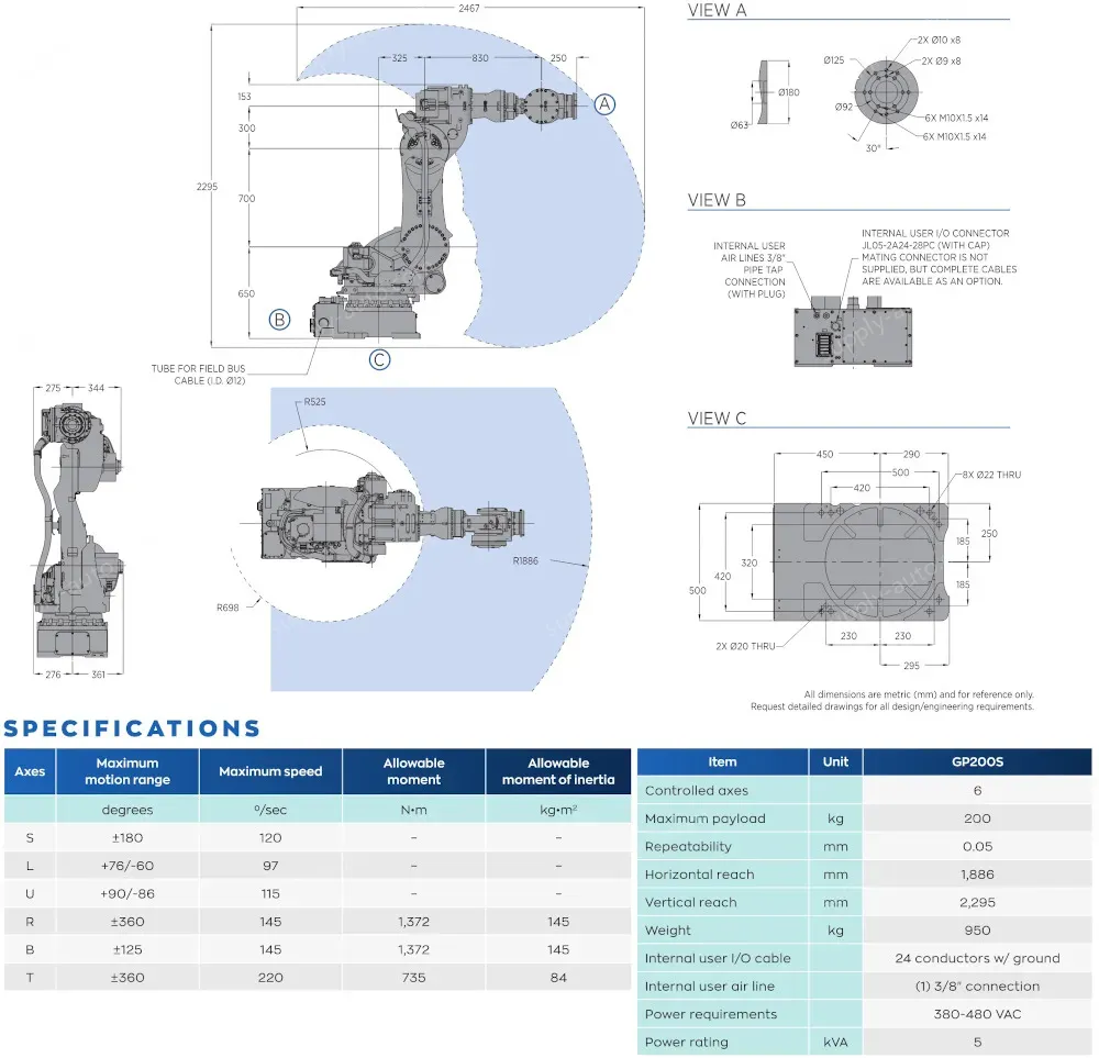 GP200S robot spec diagram