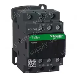 LC1D09M7 IEC contactor, TeSys Deca, nonreversing, 9A, 5HP at 480VAC, up to 100kA SCCR, 3 phase, 3 NO, 220VAC 50/60Hz coil, open style