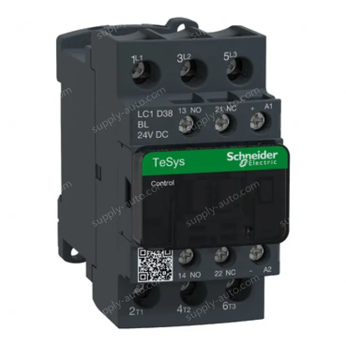 LC1D38BL IEC contactor, TeSys Deca, nonreversing, 38A, 20HP at 480VAC, up to 100kA SCCR, 3 phase, 3 NO, low consumption 24VDC coil