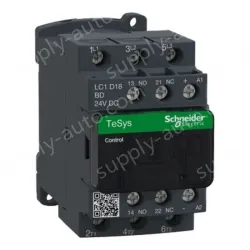 LC1D18BD IEC contactor, TeSys Deca, nonreversing, 18A, 10HP at 480VAC, up to 100kA SCCR, 3 phase, 3 NO, 24VDC coil, open