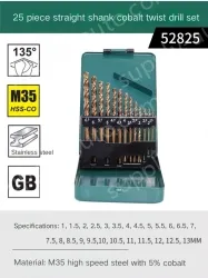 Set of 25 straight shanks containing cobalt twist drills
